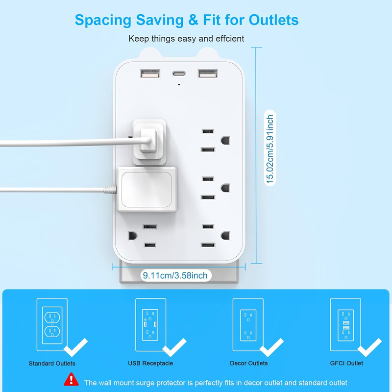 USB Wall Charger Surge Protector 6 Outlet Extender with 3 USB Charging Ports 