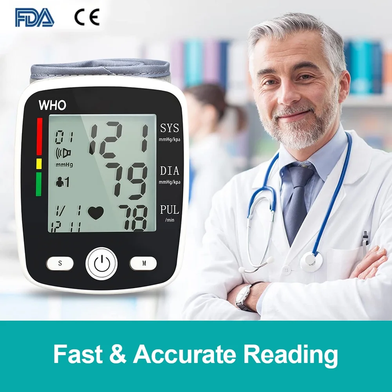 Rechargeable Wrist Blood Pressure Monitor with Voice Broadcast and 180 Memory for Dual Users