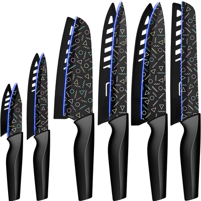 12 Pcs Colorful Pattern Kitchen Knife Set, 6 Stainless Steel Kitchen Knives with 6 Blade Guards, Dishwasher Safe
