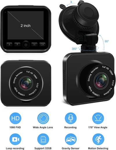 Dash Cam with 2 Inch Screen, 170° Wide Angle Front Dash Cam, Super Night Vision, WDR, Loop Recording, G Sensor, Parking Monitor