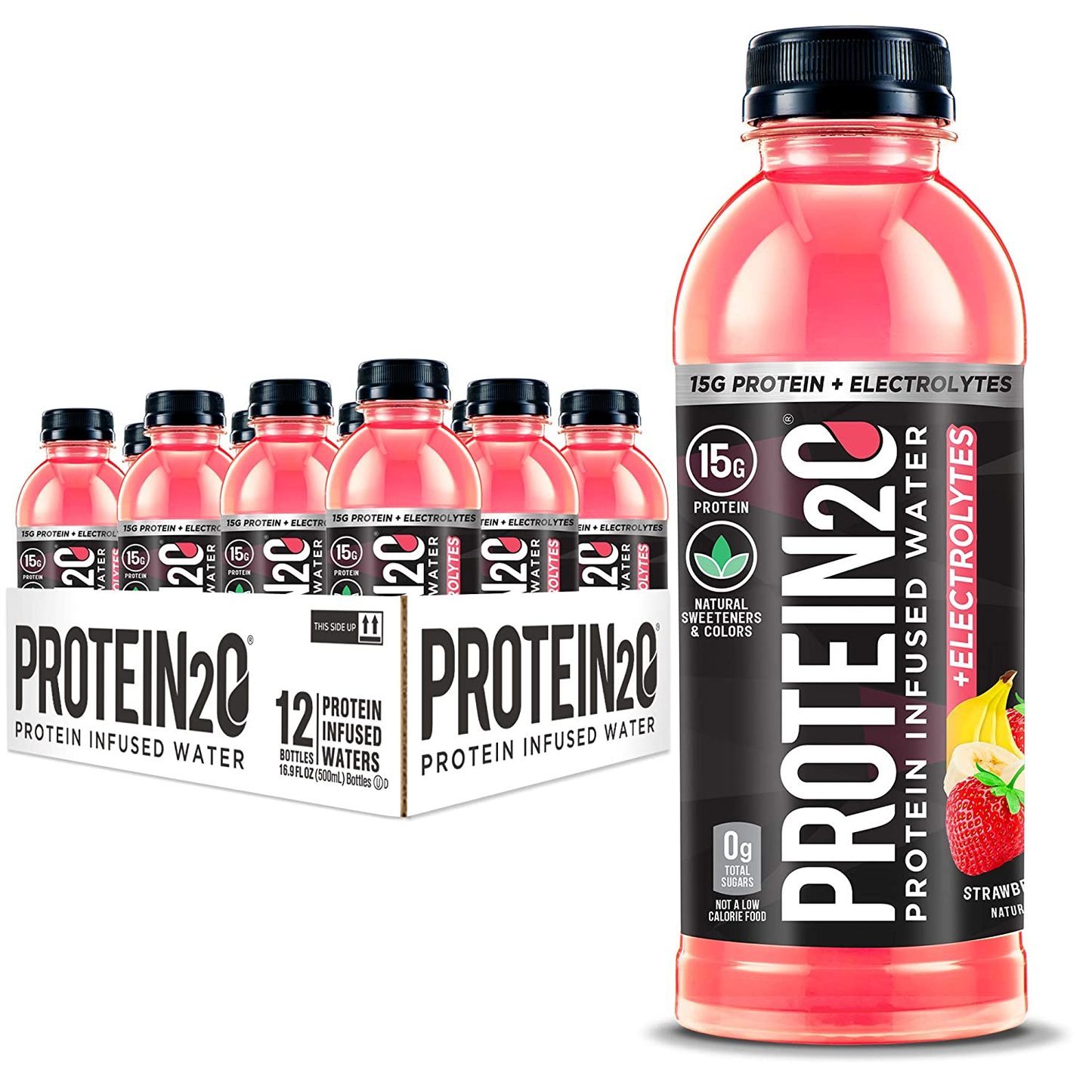 Protein2O + Electrolytes, Low Calorie Protein Infused Water, 15G Whey Protein Isolate, Strawberry Banana, 16.91 Fl Oz (Pack of 12)