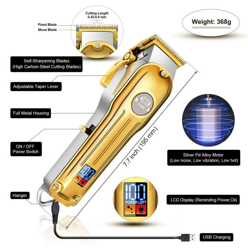 Cordless Metal Hair Clippers - Professional Trimmer Kit, LED Display USB Rechargeable