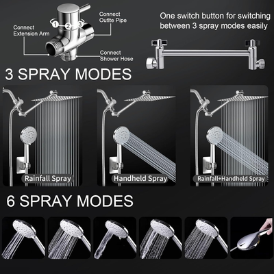 10 inch Rainfall Shower Head Combo in Stainless Steel with Handheld - 6 Spray Modes