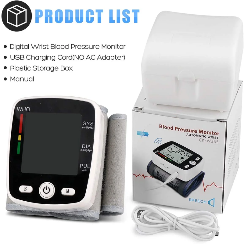 Rechargeable Wrist Blood Pressure Monitor with Voice Broadcast and 180 Memory for Dual Users