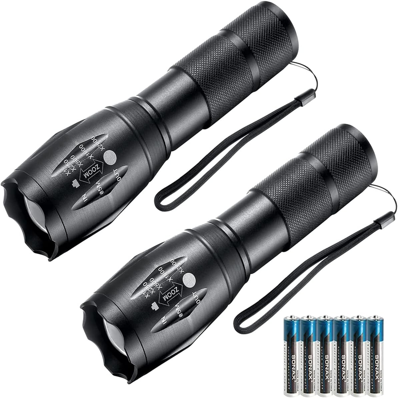 2 Pack Tactical Flashlights - High Lumens Lights with 6Pack AAA Batteries