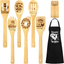 8 Pcs Funny Cooking Utensils Set Includes 6 Wooden Spoons, 1 Holder and 1Kitchen Apron