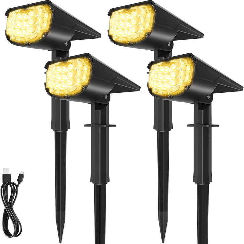 4 Pack Warm White Solar Spotlights - 19 LEDs, 4 Modes, IP68 Waterproof 