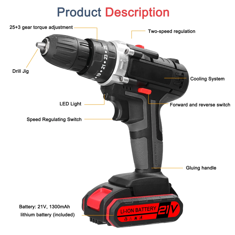 21V Cordless Drill and Impact Driver 1300Mah Wireless & Rechargeable