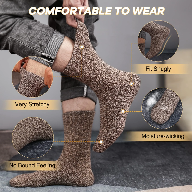 Mens Merino Wool Socks Winter Warm Hiking Thick Thermal Cozy Boot Crew Comfy Socks 5 Pairs