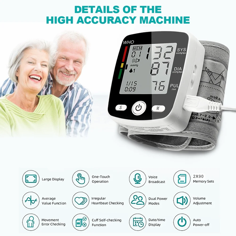 Rechargeable Wrist Blood Pressure Monitor with Voice Broadcast and 180 Memory for Dual Users