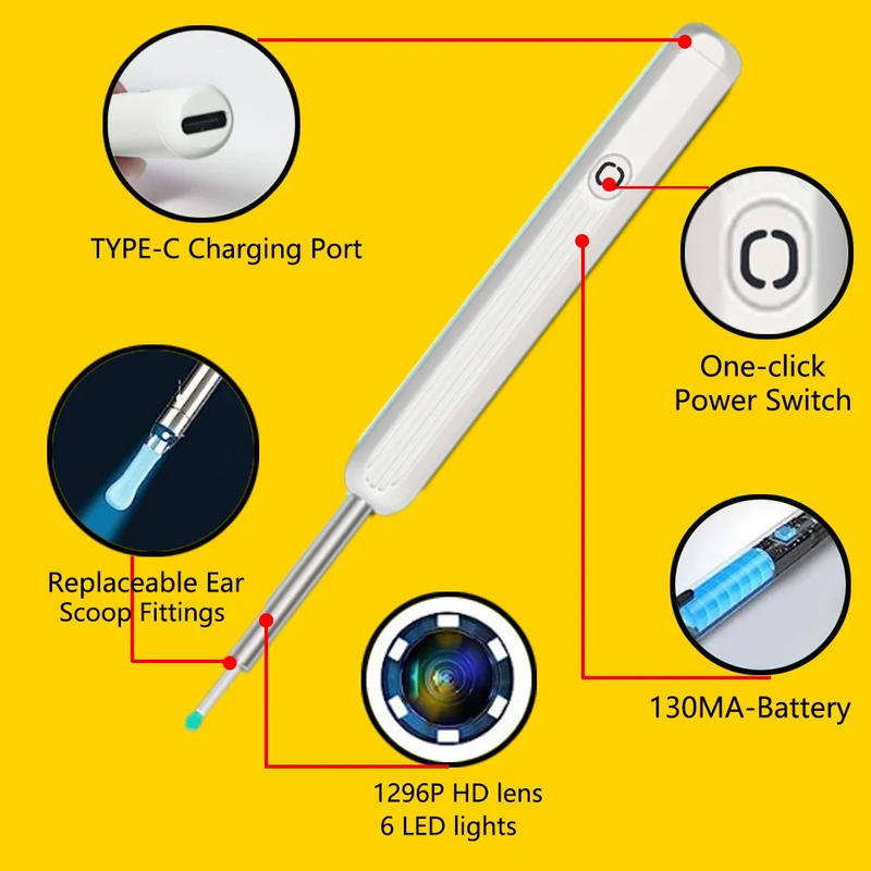 11 Pcs Wireless Earpick, Ear Wax Removal Kit with Camera 1296P HD with 6 LED Lights & Silicone Soft Ear Tips 