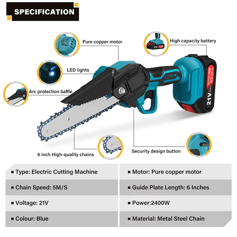 Mini Chainsaw 6-Inch, Electric Chainsaw Cordless Chain Saw with 2 Large Capacity Batteries