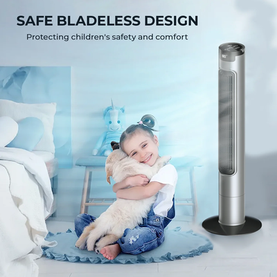 90° Oscillating Standing Tower Fan, Quiet Bladeless Floor Fan with Remote