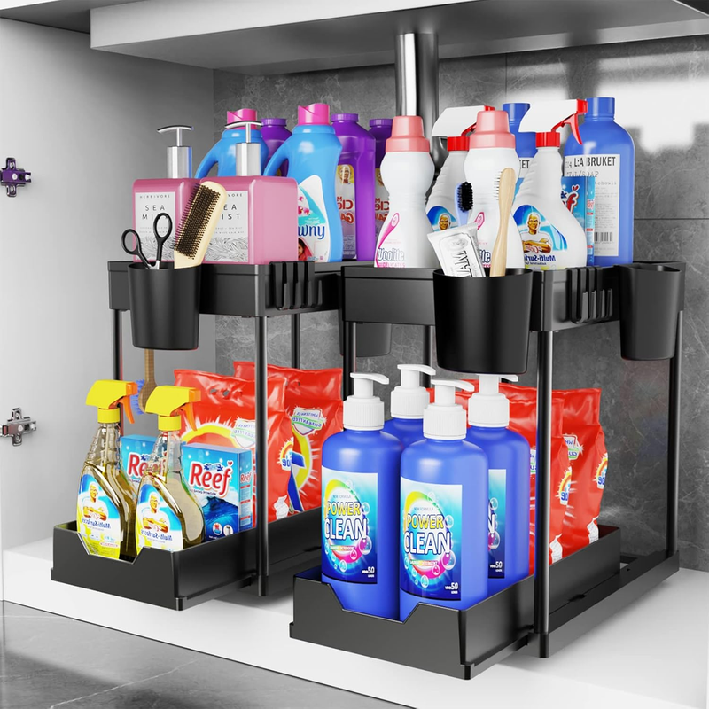 Under Sink Organizers for Storage, 2 Tier Under Sink Sliding Basket