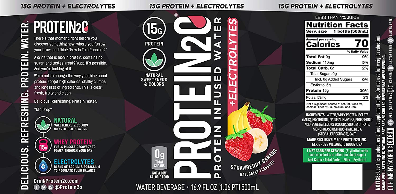 Protein2O + Electrolytes, Low Calorie Protein Infused Water, 15G Whey Protein Isolate, Strawberry Banana, 16.91 Fl Oz (Pack of 12)