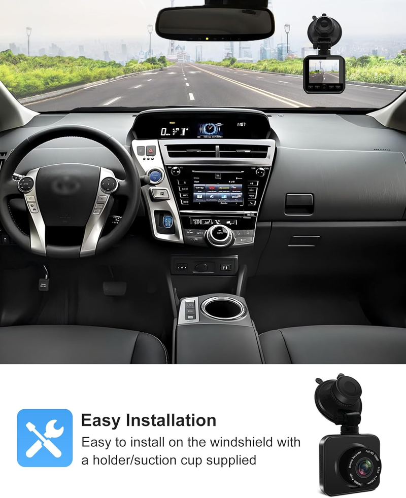 Dash Cam with 2 Inch Screen, 170° Wide Angle Front Dash Cam, Super Night Vision, WDR, Loop Recording, G Sensor, Parking Monitor