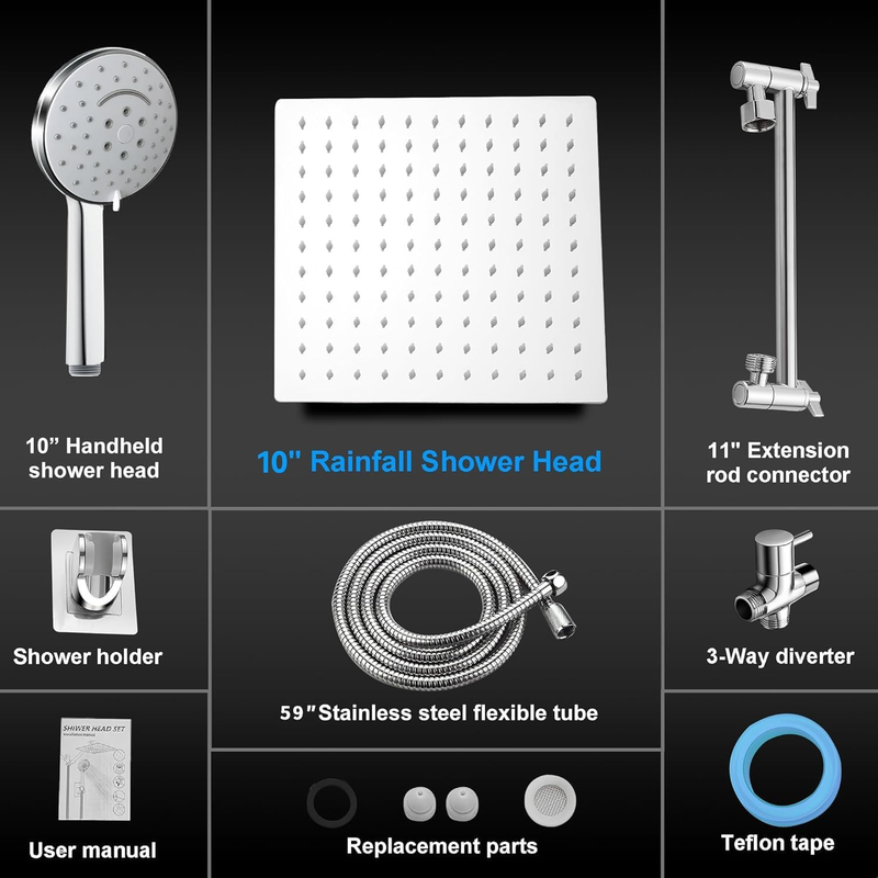 10 inch Rainfall Shower Head Combo in Stainless Steel with Handheld - 6 Spray Modes