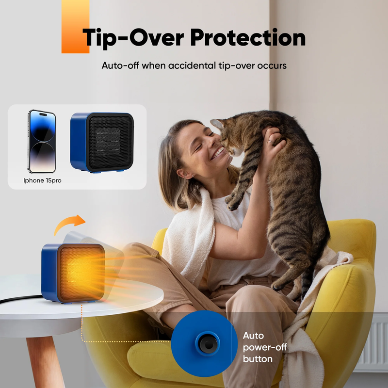 800W Compact Ceramic Fan Space Heater, Overheat & Tip-Over Protection, Low Noise