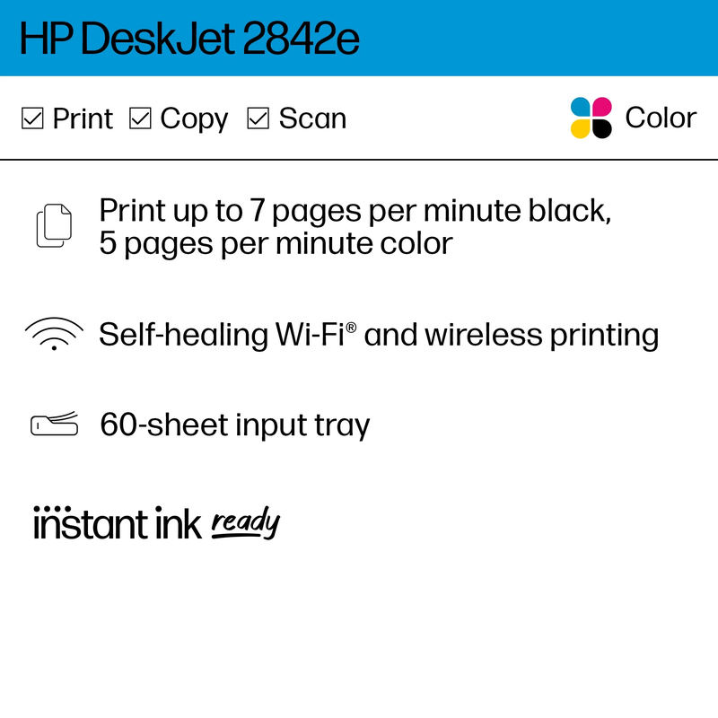 HP Deskjet 2842E Wireless All-In-One Color Inkjet Printer, Scanner, Copier, 3 Months Free Ink