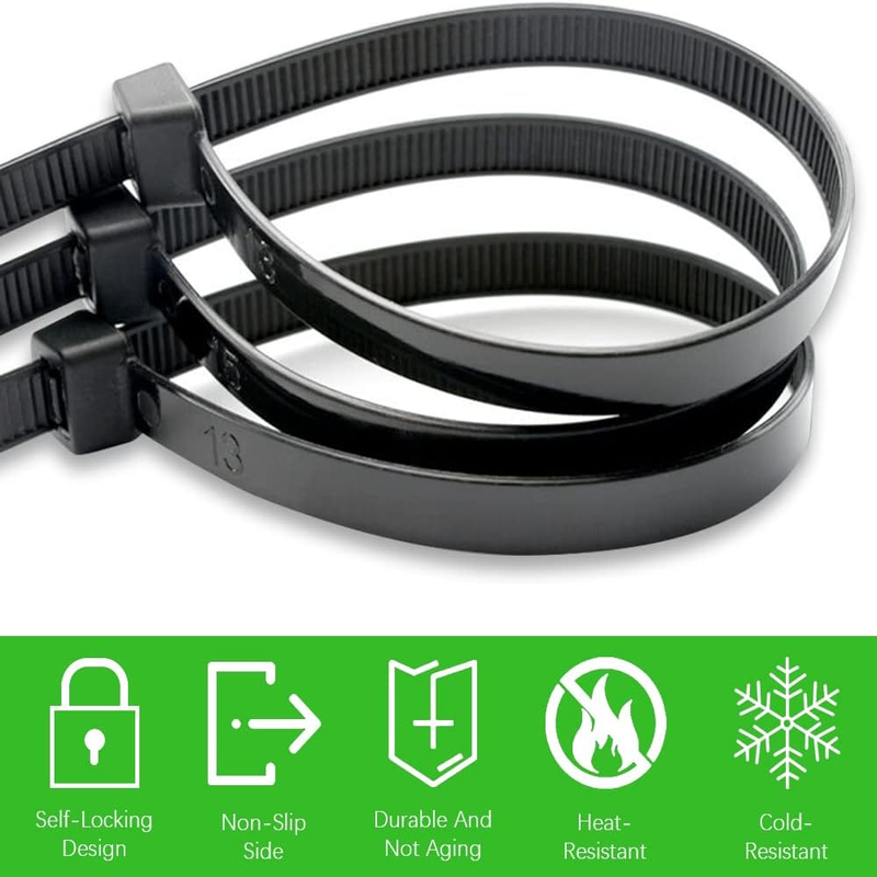 1000 Pack Multi Size Black Zip Ties - Self-Locking Design Cable Zip Ties