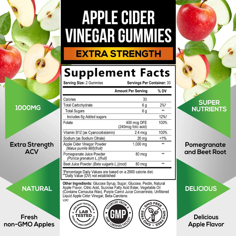 Vegan Apple Cider Vinegar Gummies - Max Strength 1000mg - 60 Gummies