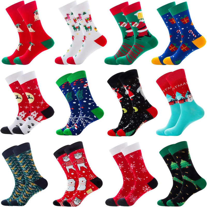 12 Pairs Men's Christmas Socks, Christmas Gifts Holiday Fun Novelty Cotton Socks