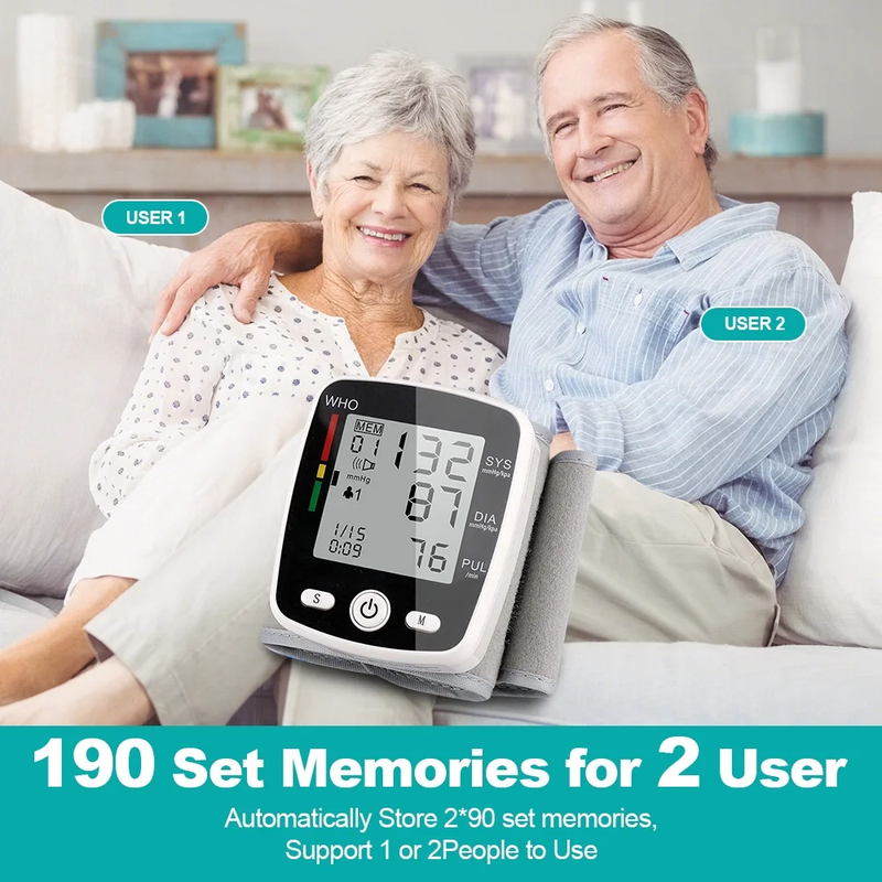 Rechargeable Wrist Blood Pressure Monitor with Voice Broadcast and 180 Memory for Dual Users