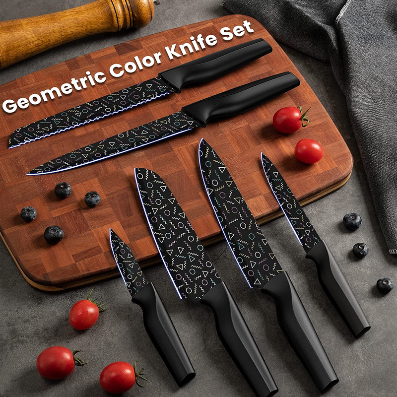 12 Pcs Colorful Pattern Kitchen Knife Set, 6 Stainless Steel Kitchen Knives with 6 Blade Guards, Dishwasher Safe