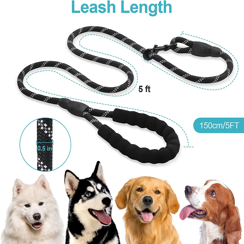 5 Foot Reflective Strong Rope Dog Leash with Comfortable Padded Handle & Heavy Duty Metal Clasp