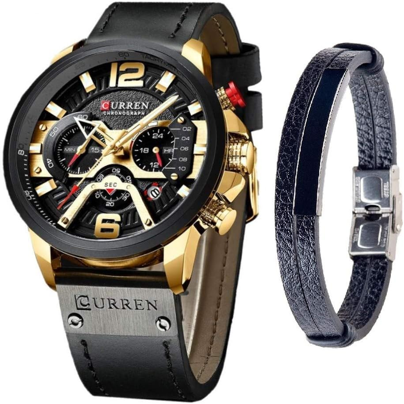 Men's Quartz Leather Chronograph Watch & Bracelet Set 