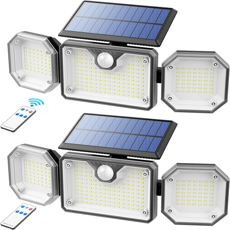 2 Pack Solar Outdoor Lights - Security Lights with Remote Control, 3 Heads, IP65 Waterproof, 270° Wide Angle Flood Wall Lights with 3 Modes