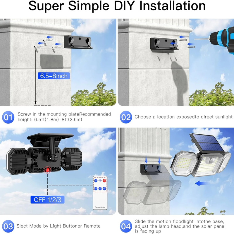 2 Pack Solar Outdoor Lights - Security Lights with Remote Control, 3 Heads, IP65 Waterproof, 270° Wide Angle Flood Wall Lights with 3 Modes