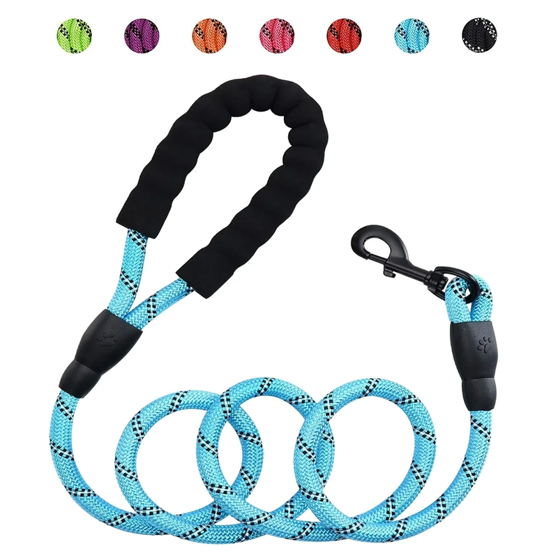 5 Foot Reflective Strong Rope Dog Leash with Comfortable Padded Handle & Heavy Duty Metal Clasp