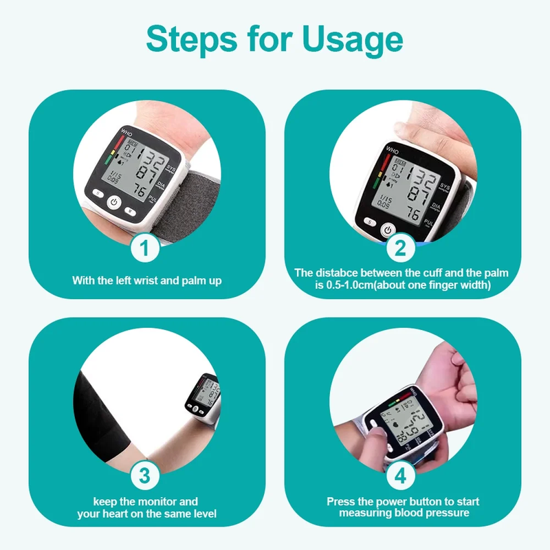 Rechargeable Wrist Blood Pressure Monitor with Voice Broadcast and 180 Memory for Dual Users