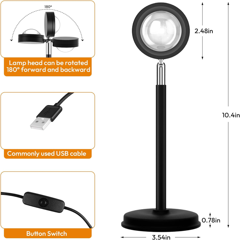 Sunset Lamp Projector, 180 Degree Rotation Sunset Projection LED Light with USB Port