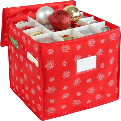 Christmas Ornament Storage Box - Stores 64 Ornaments - Non-Woven, Tear- Proof - Adjustable Dividers, 3 Inch Cube Compartments