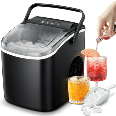 Self-Cleaning Portable Ice Maker Machine with Handle, 9 Bullet-Shaped Ice Cubes Ready in 6 Mins, 26Lbs/24H