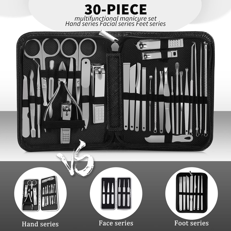 30 Piece Stainless Steel Professional Grooming Kit for Nail Care with Travel Case