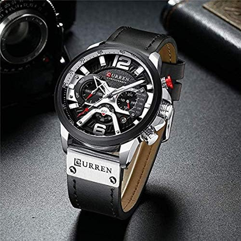 Men's Quartz Leather Chronograph Watch & Bracelet Set 