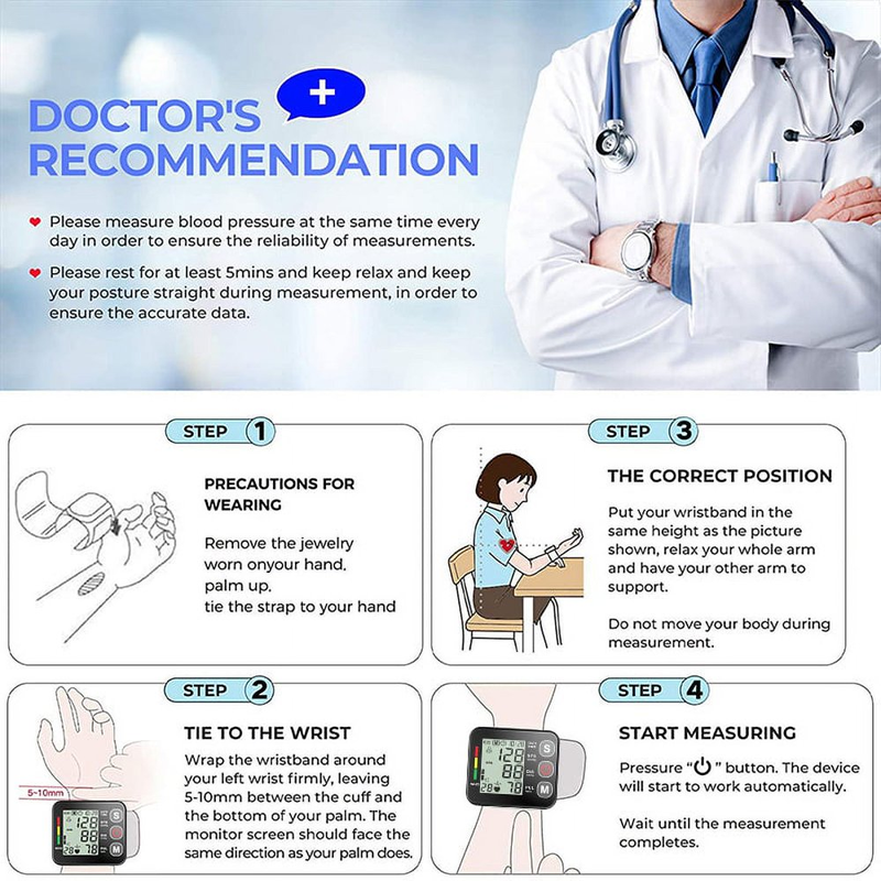 Wrist Blood Pressure Monitor with Large LCD Display