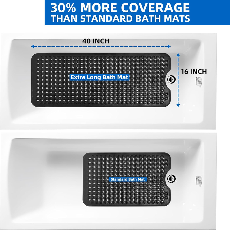 Extra Long Non-Slip Shower Mat, 40x16 with Suction Cups and Drain Holes, Machine Washable