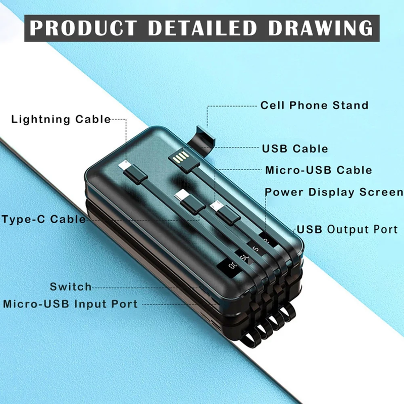 20000Mah Power Bank Portable Fast Charger with Cables