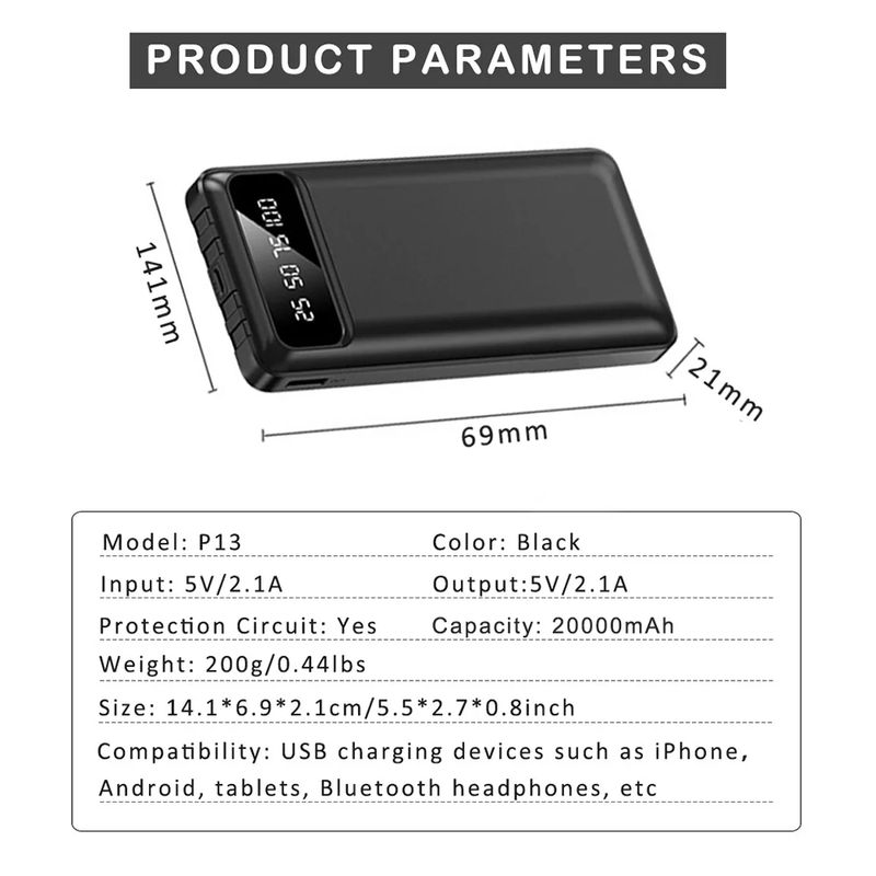 20000Mah Power Bank Portable Fast Charger with Cables