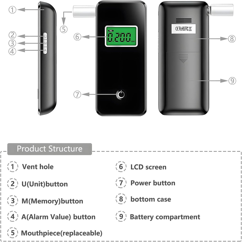 Breathalyzer, Professional-Grade Alcohol Tester with LCD Display for Home Use