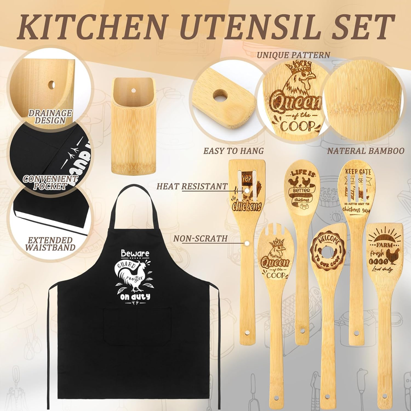 8 Pcs Funny Cooking Utensils Set Includes 6 Wooden Spoons, 1 Holder and 1Kitchen Apron