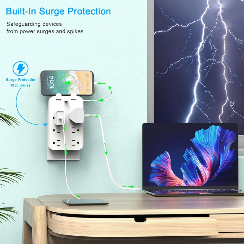 USB Wall Charger Surge Protector 6 Outlet Extender with 3 USB Charging Ports 