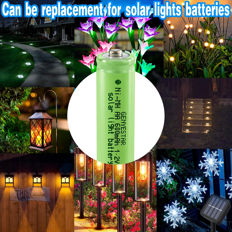 AA Solar Light Batteries - Rechargeable NIMH 600mAh 1.2V for Garden Lawn Landscaping Solar Lamps