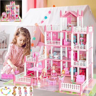 4-Story Doll House with 11 Rooms 4 Doll Toy Figures