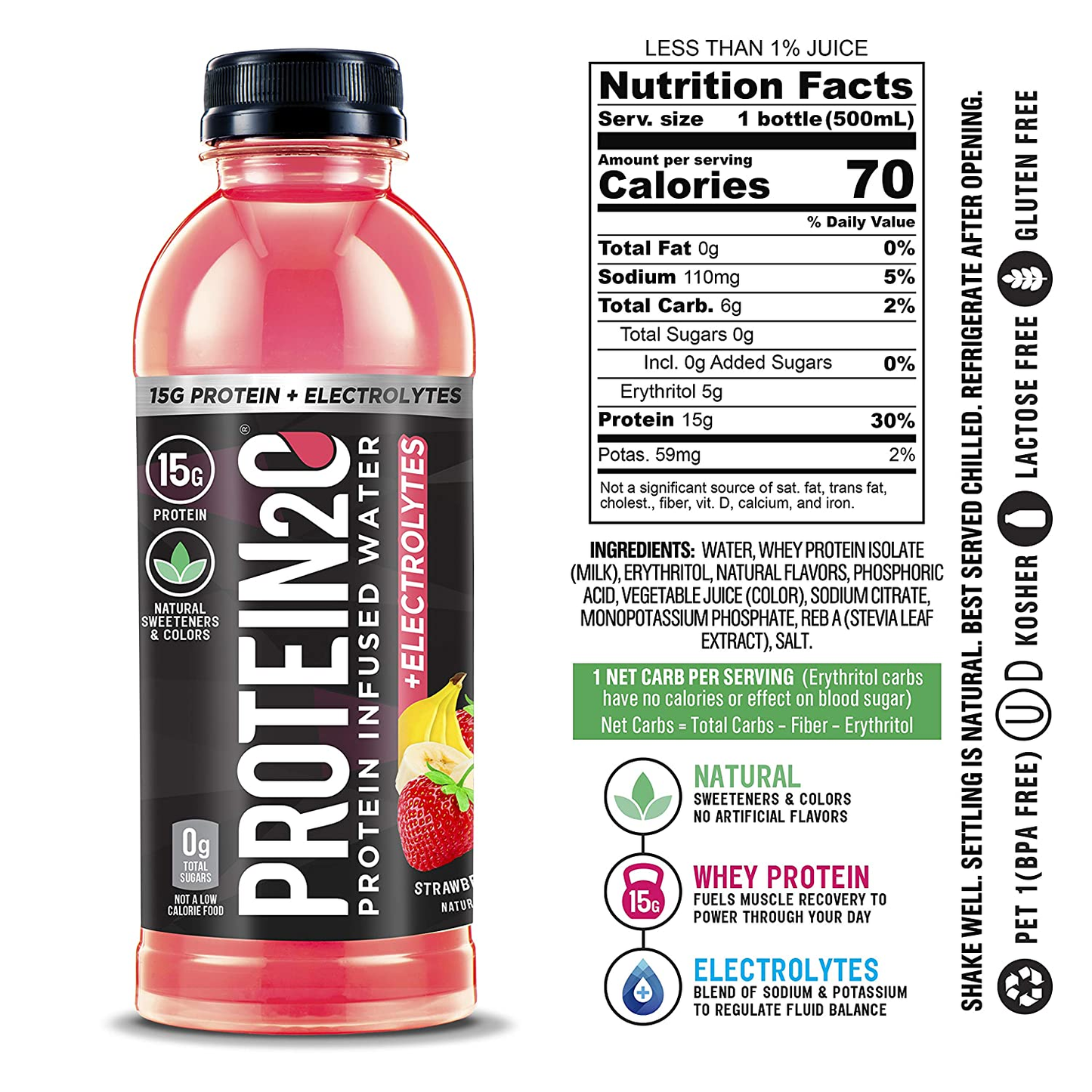 Protein2O + Electrolytes, Low Calorie Protein Infused Water, 15G Whey Protein Isolate, Strawberry Banana, 16.91 Fl Oz (Pack of 12)