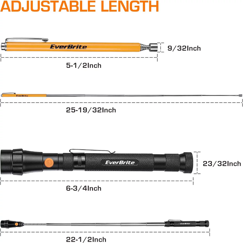 2 Piece Everbrite Magnetic Pick up Tool Set, Telescoping 360 Swivel Extensible Magnet Tool with LED Light Included